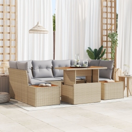 Conjunto de Comedor de Jardín de 7 Piezas con Cojines Ratán Beige Poli Ratan Acacia