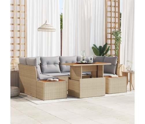 Conjunto de Comedor de Jardín de 7 Piezas con Cojines Ratán Beige Poli Ratan Acacia