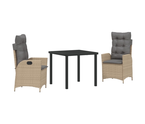 Juego de Comedor de Jardín de 3 Piezas con Cojines Beige Poliratán