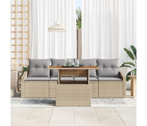 Juego de Comedor de Jardín de 5 Piezas con Cojines Beige de Poliratán y Acacia