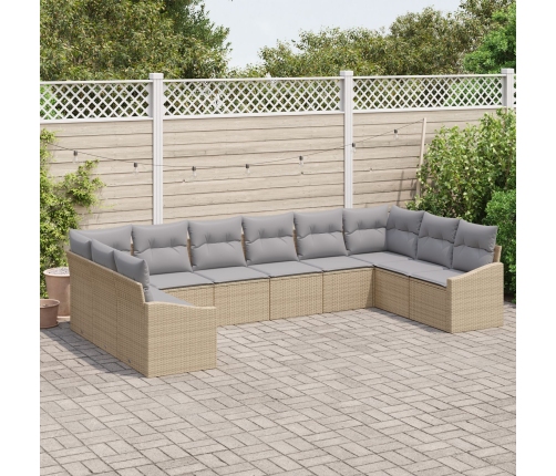 Conjunto de Sofá de Jardín de 10 Piezas con Cojines Beige Ratán Poliéster