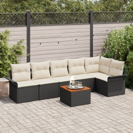 Conjunto de Sofá de Jardín  de 7 Piezas con Cojines Negro Poliratán Acacia