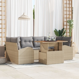 Conjunto de Comedor de Jardín de 7 Piezas con Cojines Beige Poliratán Acacia