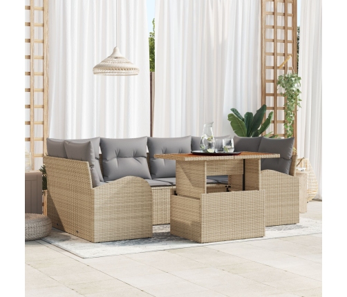 Conjunto de Comedor de Jardín de 7 Piezas con Cojines Beige Poliratán Acacia
