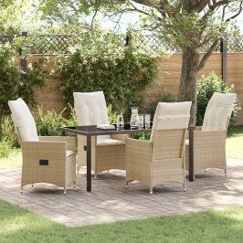 Set de Comedor de Jardín de 5 Piezas con Cojines Beige Rattán Poliéster