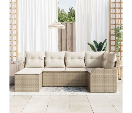 Juego de Sofá de Jardín  de 6 Piezas con Cojines Beige Poliratán, Sofá de Jardín  de 2 Plazas con Almacenamiento y Cojines Beige Poliratán