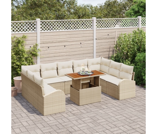 Juego de comedor de jardín de 10 piezas con cojines Beige Polirratán Acacia