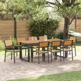 Sillas de Jardín Apilables 8 pcs Acero Negro y Madera Acacia Sólida