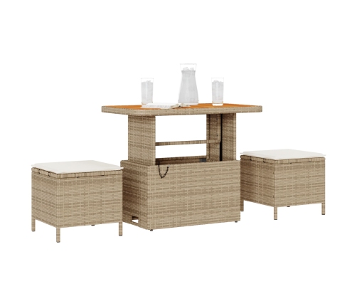 Juego de Comedor de Jardín de 3 Piezas con Cojines Beige Ratán Sintético Acacia