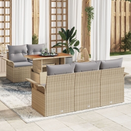Conjunto de Sofás de Jardín de 6 Piezas con Cojines Beige Poliratán Acacia