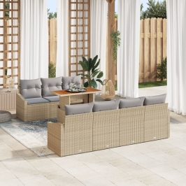 Juego de Comedor de Jardín de 8 Piezas con Cojines Beige Ratán Poli Acacia