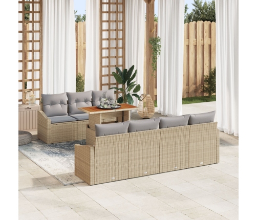 Juego de Comedor de Jardín de 8 Piezas con Cojines Beige Ratán Poli Acacia