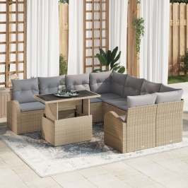 Set de Sofá de Jardín de 9 Piezas con Cojines Beige de Ratán Sintético
