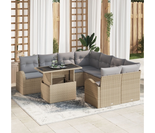 Set de Sofá de Jardín de 9 Piezas con Cojines Beige de Ratán Sintético