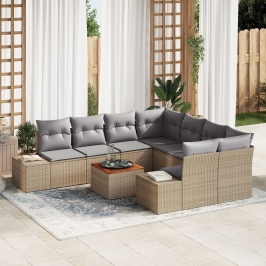 Conjunto de Sofá de Jardín de 9 Piezas con Cojines Beige Ratán Poliéster Acacia