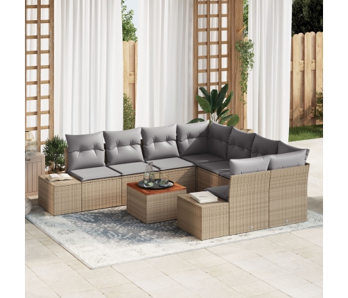 Conjunto de Sofá de Jardín de 9 Piezas con Cojines Beige Ratán Poliéster Acacia