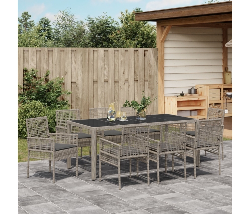 Conjunto de Comedor de Jardín de 9 Piezas con Cojines en Gris de Poliratán