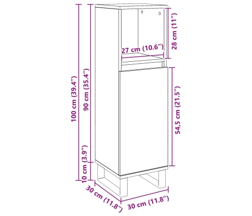 Armario de Baño  Negro Roble 30x30x100 cm Madera Elaborada