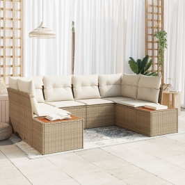 Juego de Sofá de Jardín de 6 Piezas con Cojines Beige Poli Rattan Acacia