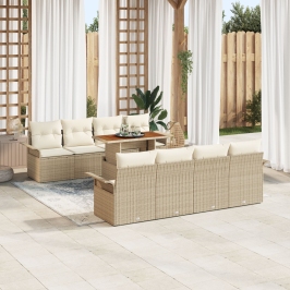 Conjunto de Sofá de Jardín de 9 Piezas con Cojines Beige Ratán Poliéster Acacia