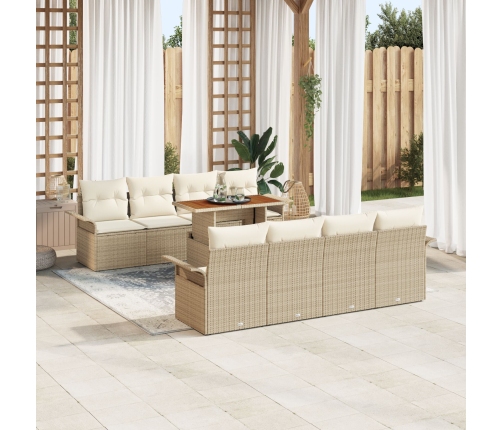 Conjunto de Sofá de Jardín de 9 Piezas con Cojines Beige Ratán Poliéster Acacia