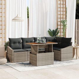 Conjunto de Comedor de Jardín de 6 Piezas con Cojines Gris Ratán Poliéster Acacia