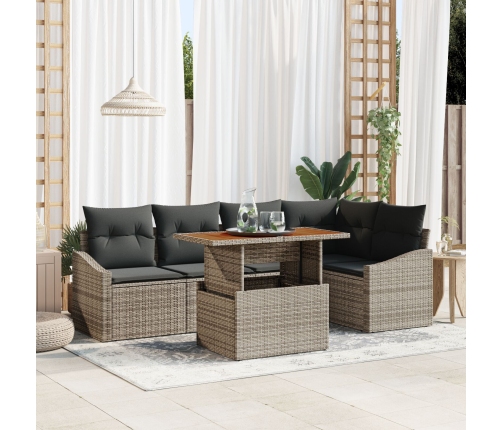 Conjunto de Comedor de Jardín de 6 Piezas con Cojines Gris Ratán Poliéster Acacia
