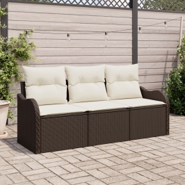 Set de Sofá de Jardín  de 3 Piezas con Cojines Marrón Rattan Poli