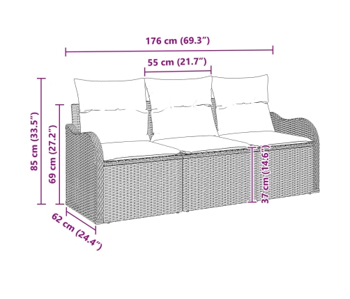 Set de Sofá de Jardín de 3 Piezas  con Cojines Gris de Ratán Poli