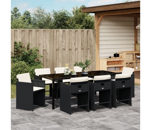 Conjunto de Comedor de Jardín de 9 Piezas con Cojines de Poliratán Negro