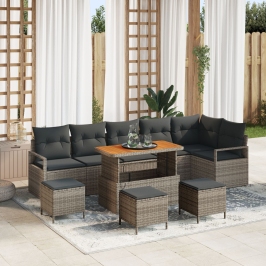 Juego de Sofás de Jardín de 10 Piezas con Cojines Gris Polirratán Acacia,  Sofá de Jardín de 2 Plazas con Almacenamiento y Cojines Gris Polirratán,  Juego de Comedor de Jardín de 4 Piezas con Cojines Gris Polirratán Acacia