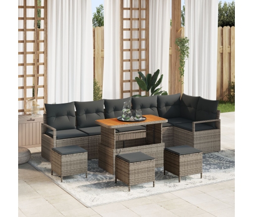 Juego de Sofás de Jardín de 10 Piezas con Cojines Gris Polirratán Acacia,  Sofá de Jardín de 2 Plazas con Almacenamiento y Cojines Gris Polirratán,  Juego de Comedor de Jardín de 4 Piezas con Cojines Gris Polirratán Acacia