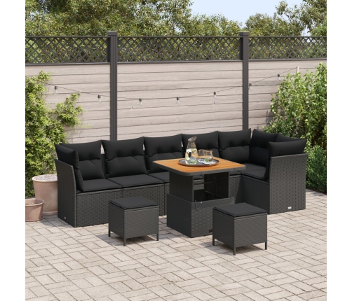 Set de Sofá de Jardín  de 9 Piezas con Cojines Negro Ratán Polipropileno Acacia, Set de Comedor de Jardín  de 3 Piezas con Cojines Negro Ratán Polipropileno Acacia