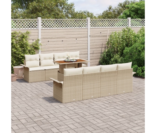 Conjunto de Sofá de Jardín de 9 Piezas con Cojines Beige Ratán Poliéster Acacia