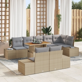 Juego de Comedor de Jardín de 9 Piezas con Cojines Beige Poliratán Acacia
