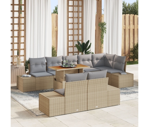 Juego de Comedor de Jardín de 9 Piezas con Cojines Beige Poliratán Acacia