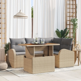 Set de Comedor para Jardín  de 5 Piezas con Cojines Beige de Poliéster y Ratán