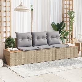 Juego de Sofá de Jardín  de 3 Piezas con Cojines Beige de Poliratán Acacia