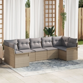 Juego de Sofá de Jardín de 7 Piezas con Cojines Beige Polirratán