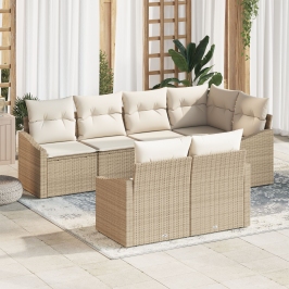 Conjunto de Sofá de Jardín de 7 Piezas  con Cojines Beige Poliratán