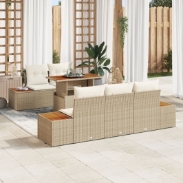 Set de Comedor de Jardín de 6 Piezas con Cojines Beige Poly Ratán Acacia