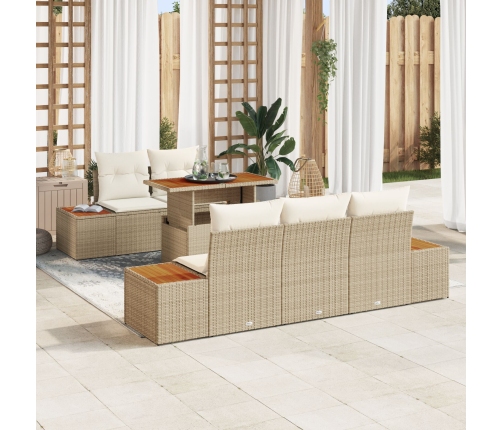Set de Comedor de Jardín de 6 Piezas con Cojines Beige Poly Ratán Acacia