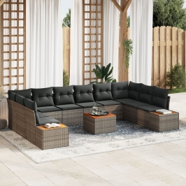 Conjunto de Sofá de Jardín  de 11 Piezas con Cojines Gris Polirratán Acacia