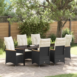 Conjunto de Comedor de Jardín de 7 Piezas con Cojines Ratán PE Negro