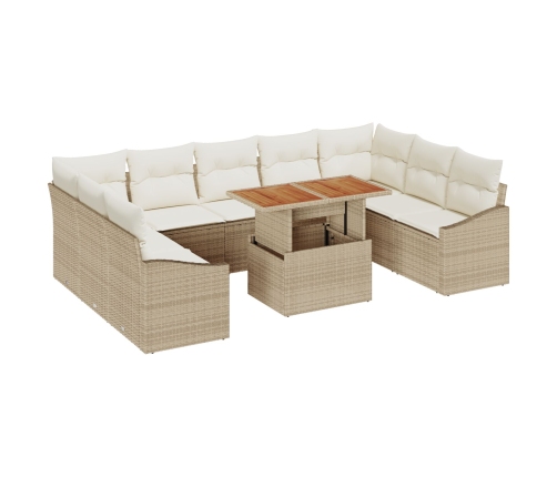 Juego de comedor de jardín de 10 piezas con cojines Beige Poliratán Acacia