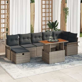 Conjunto de Sofás de Jardín  de 8 Piezas con Cojines Gris Ratán Poliéster