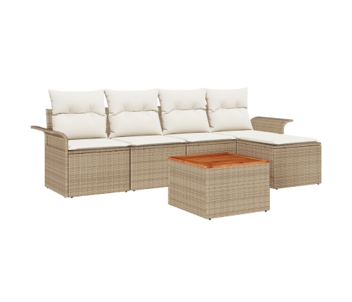 Conjunto de sofá de 6 piezas para jardín con cojines beige de ratán sintético y acacia