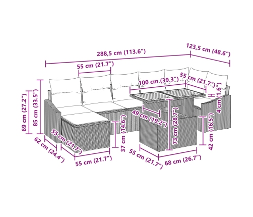 Conjunto de Comedor Jardín de 8 Piezas con Cojines Beige Ratán Polimérico