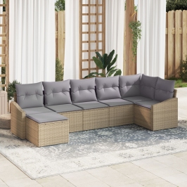 Juego de Comedor de Jardín de 7 Piezas con Cojines Beige Poliratán