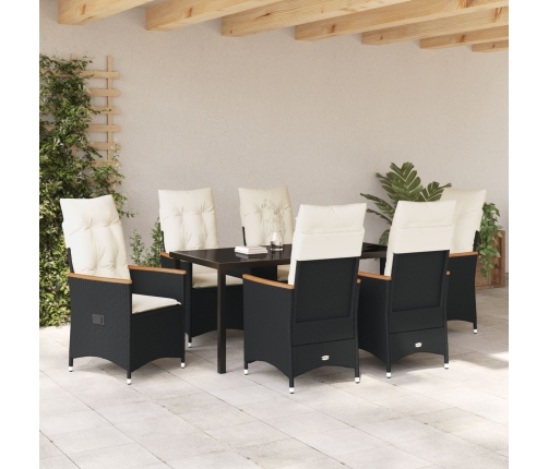 Juego de Comedor de Jardín de 7 Piezas  con Cojines en Ratán Poliéster Negro